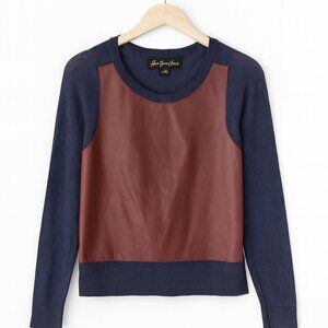 Elizabeth and James - Blue and Burgundy leather Sweater with Leather Panel